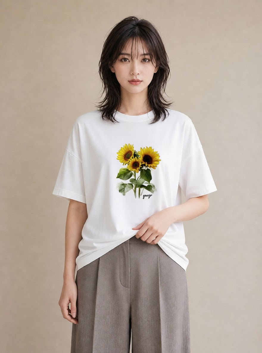 グラフィックTシャツ レディース ひまわり 向日葵 花 花柄 イラスト 手描き風 通学 誕生日プレゼント 白T YMAZO