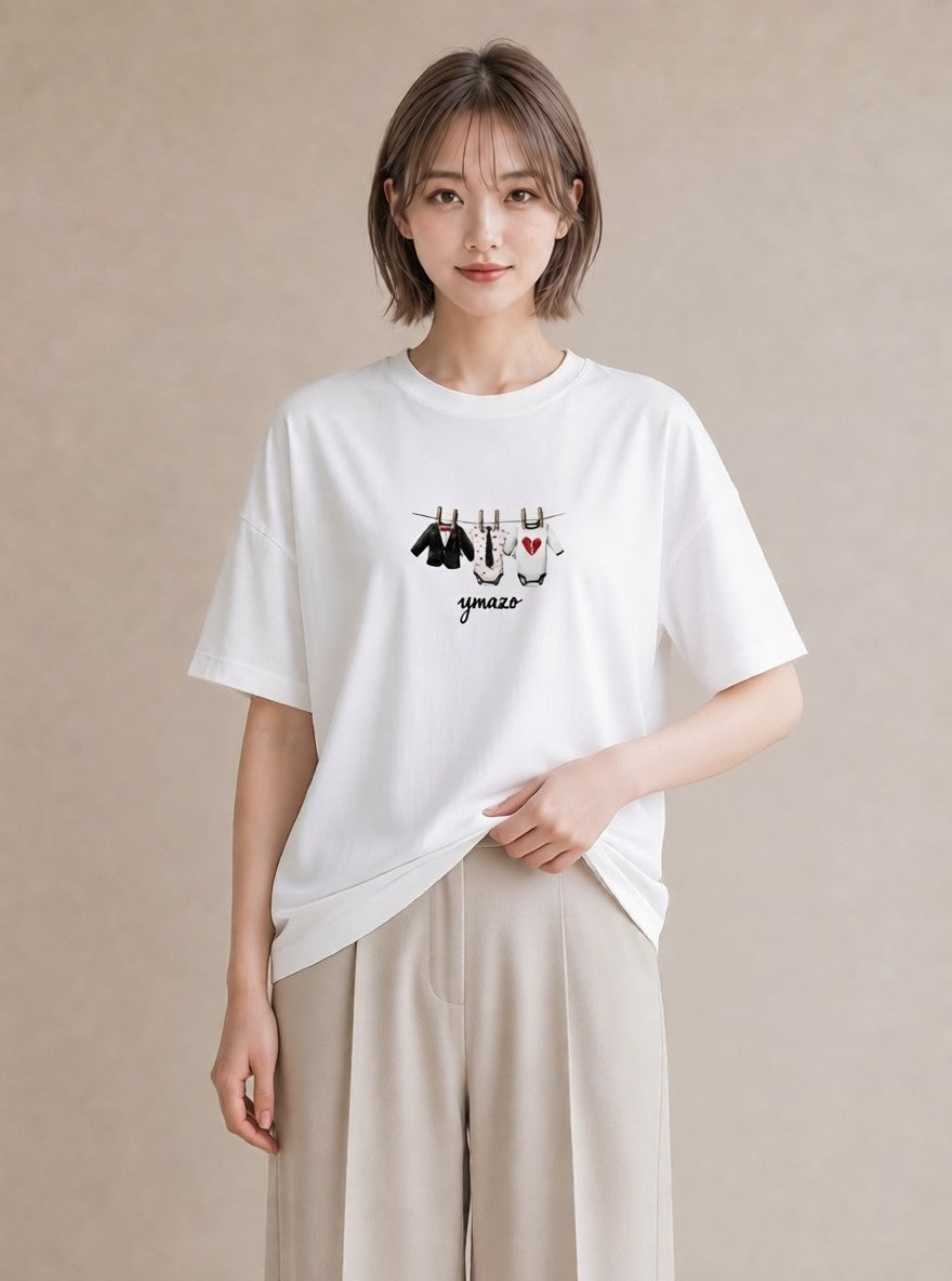 プリントTシャツ レディース 洗濯物 風 ナチュラル アンティーク イラスト 旅行コーデ デート 帰省 白T YMAZO