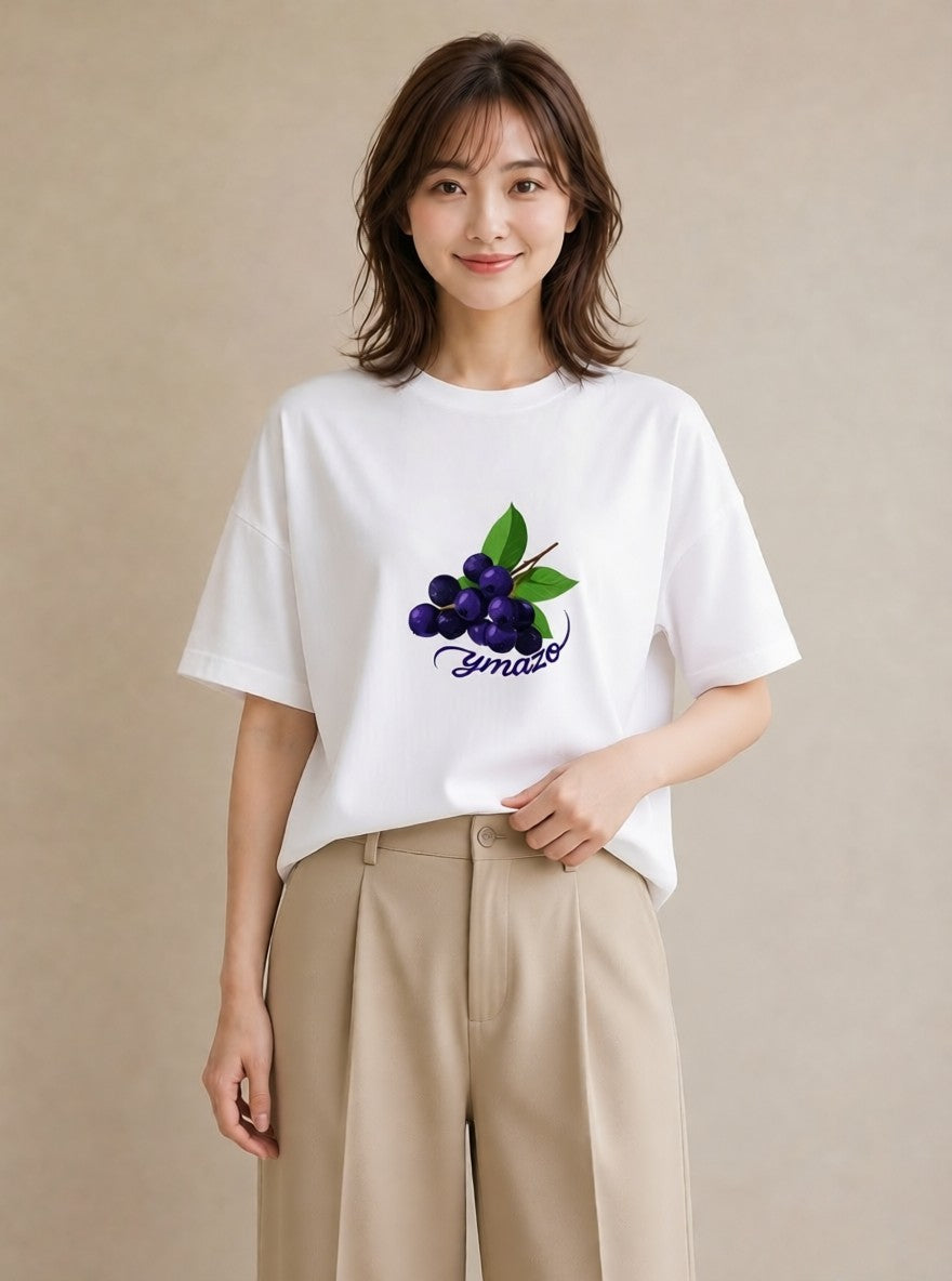 半袖Tシャツ レディース ブルーベリー 食べ物 フード イラスト シック お出かけ 普段着 白T YMAZO