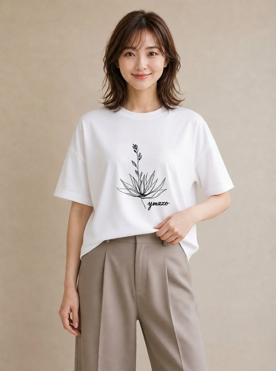 デザインTシャツ レディース 観葉植物 ボタニカル 植物 イラスト 線画 帰省 ラフ 白T YMAZO