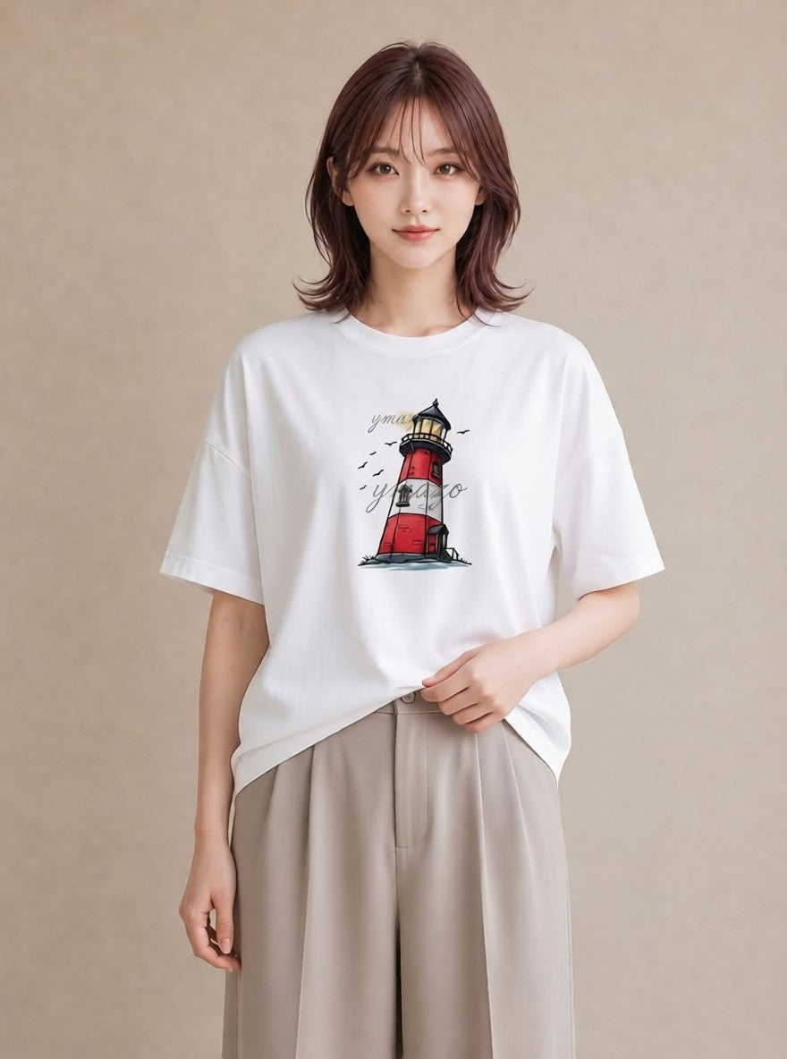 デザインTシャツ レディース 灯台 霧 海 ナチュラル アンティーク イラスト 手描き風 ホワイトデー 春服 白T YMAZO