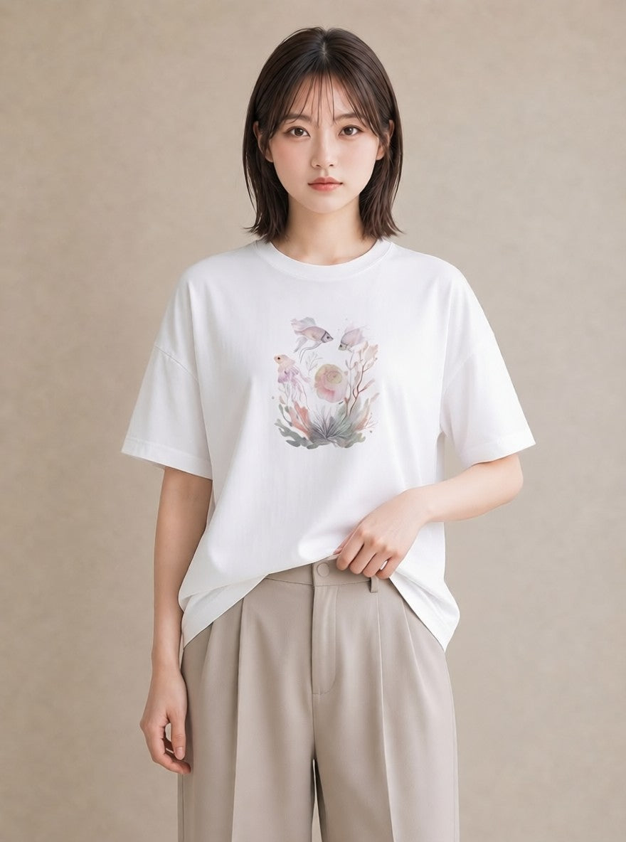 デザインTシャツ レディース サンゴ 海の生き物 海 イラスト 線画 友達ギフト 部屋着 白T YMAZO