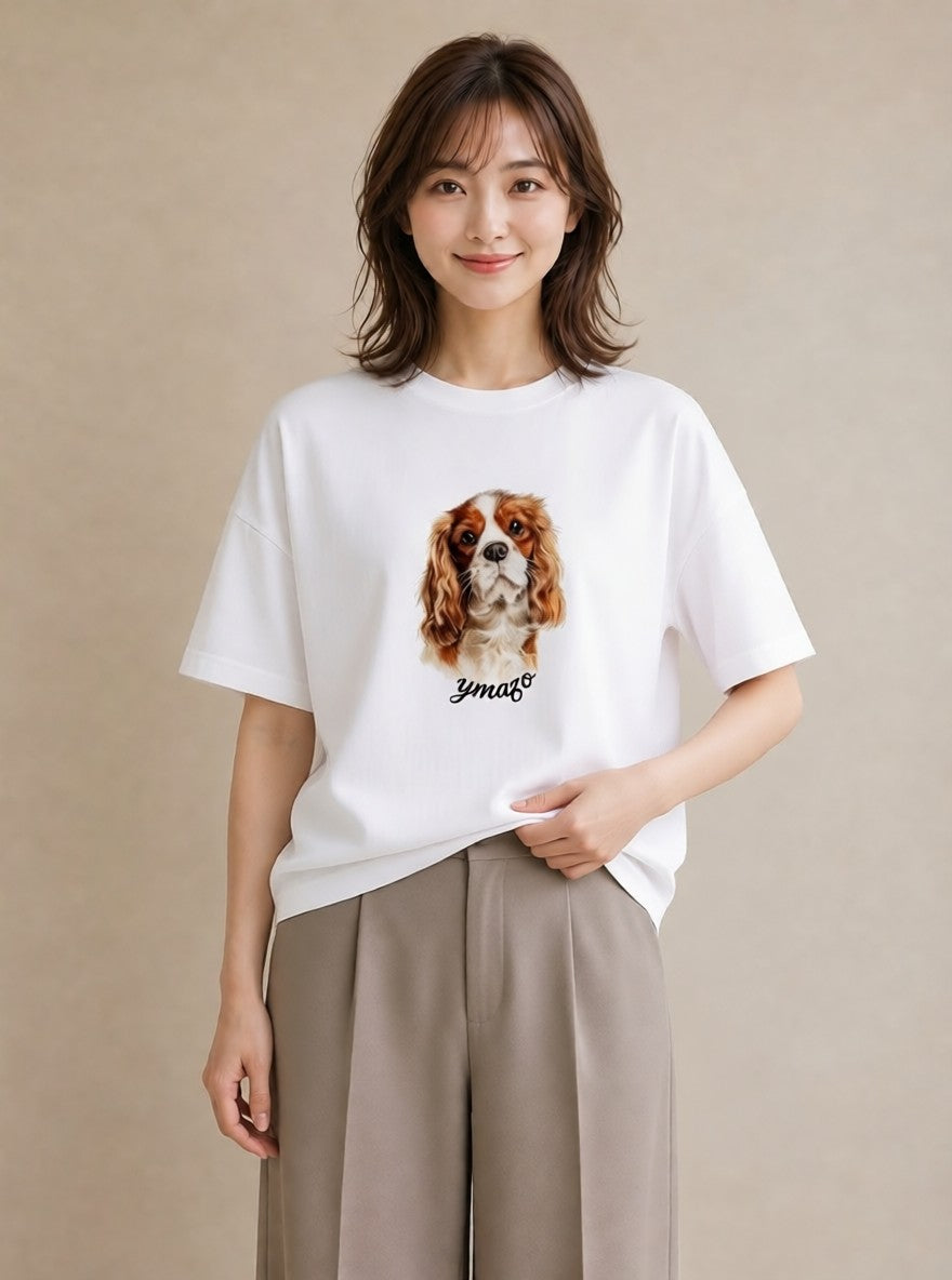 半袖Tシャツ レディース キャバリア 犬 いぬ イラスト ゆるかわ 帰省 ラフ 白T YMAZO