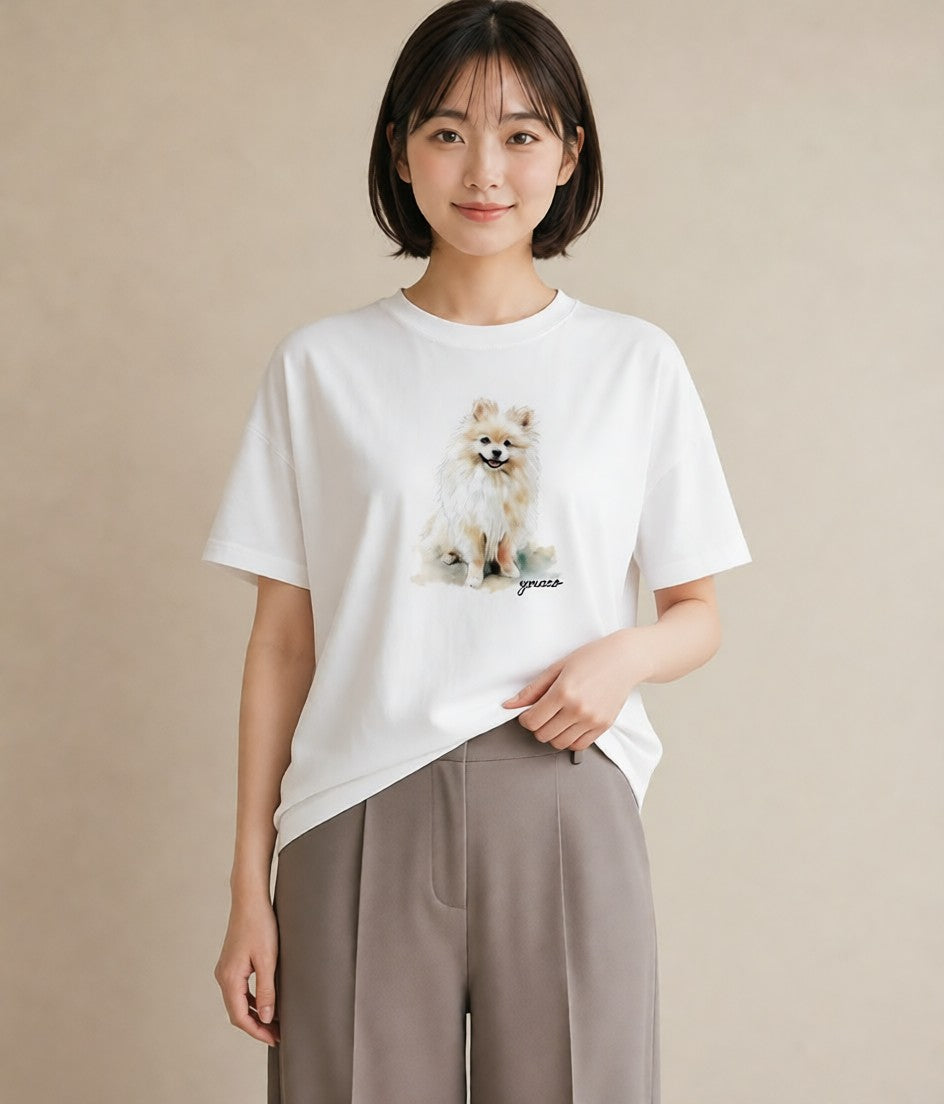 グラフィックTシャツ レディース ポメラニアン ポメ 犬 いぬ イラスト 普段使い ビーチ デイリーウェア 白T YMAZO