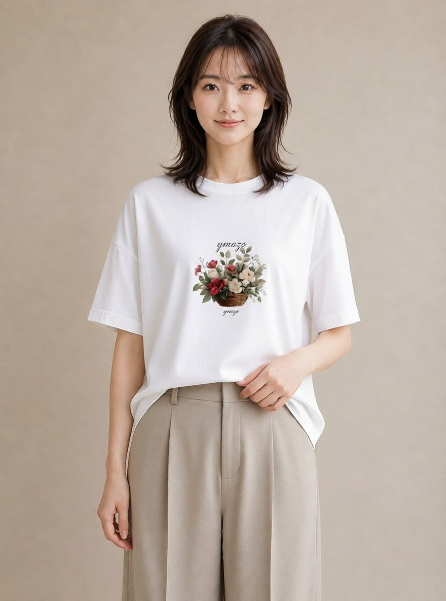 半袖Tシャツ レディース 自転車のかご 自転車 花かご ナチュラル アンティーク イラスト 抜け感 母娘コーデ 自分用 白T YMAZO