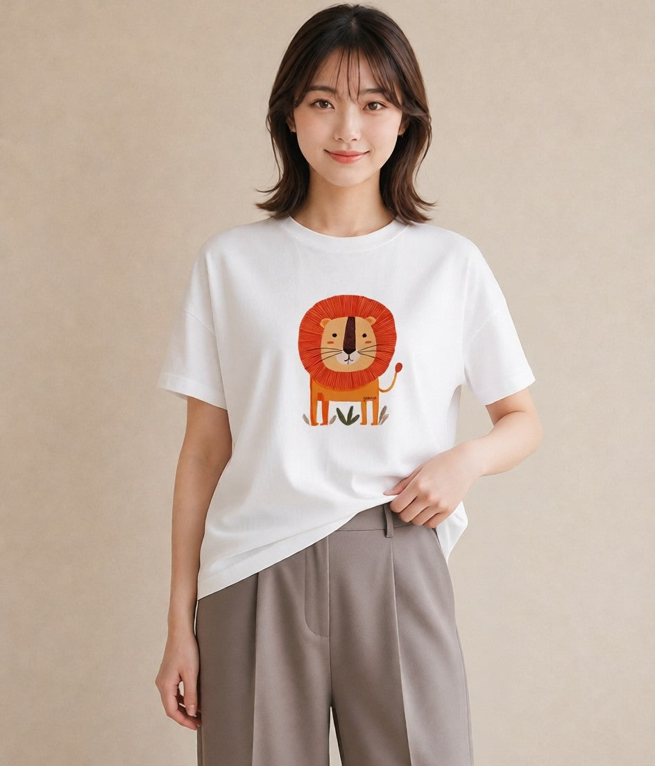 プリントTシャツ レディース ライオン 動物 アニマル イラスト 可愛い デイリーウェア 休日 白T YMAZO