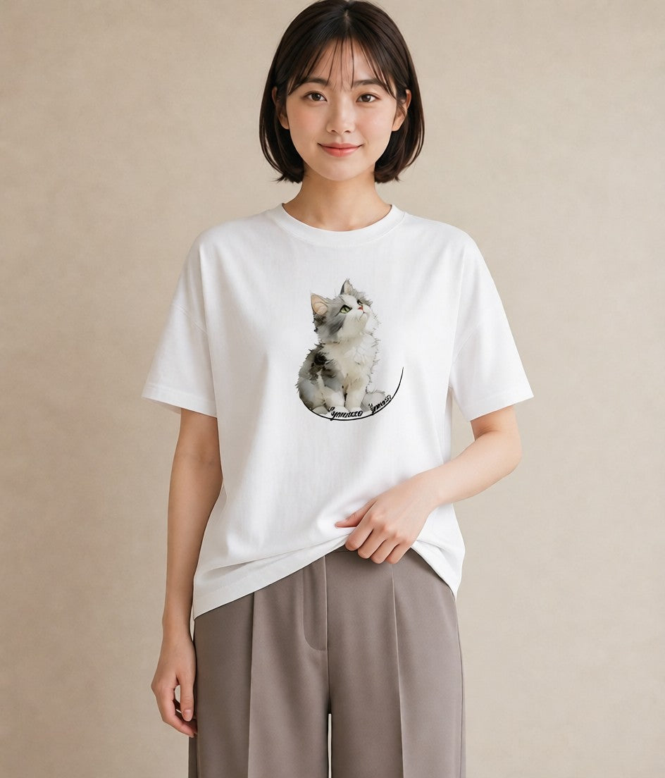 Tシャツ レディース 猫 ねこ イラスト ポップ 公園 ママ 白T YMAZO