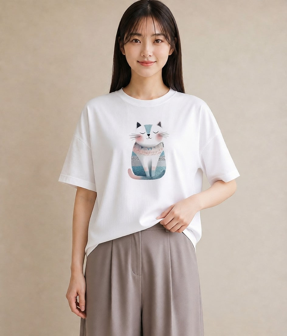 グラフィックTシャツ レディース ねこ 猫 ネコ イラスト 休日コーデ 女性向けギフト 散歩 白T YMAZO