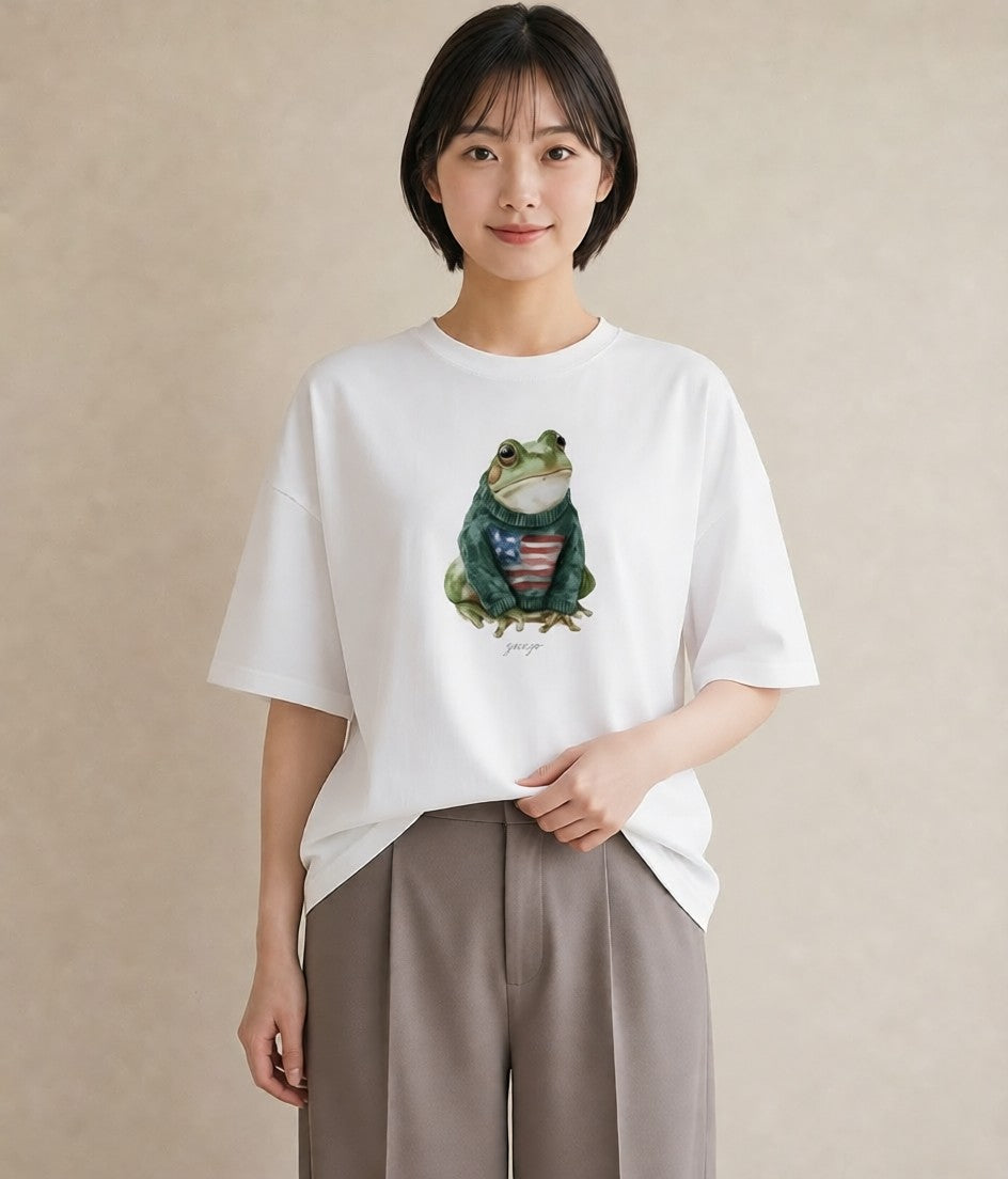 グラフィックTシャツ レディース アマガエル ペット 動物 イラスト 休日コーデ 旅行用 海 白T YMAZO