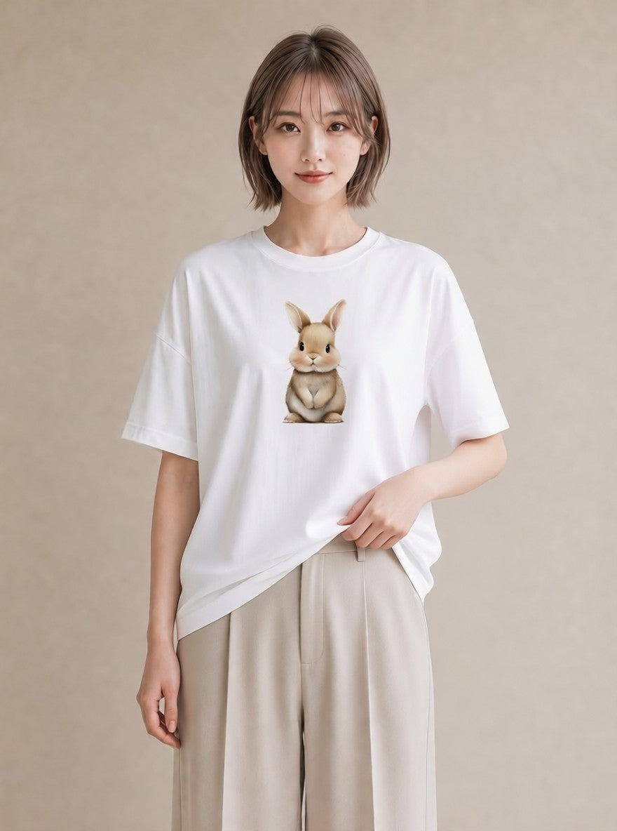 Tシャツ レディース ロップイヤー ペット 動物 イラスト アート風 女性 旅行用 白T YMAZO