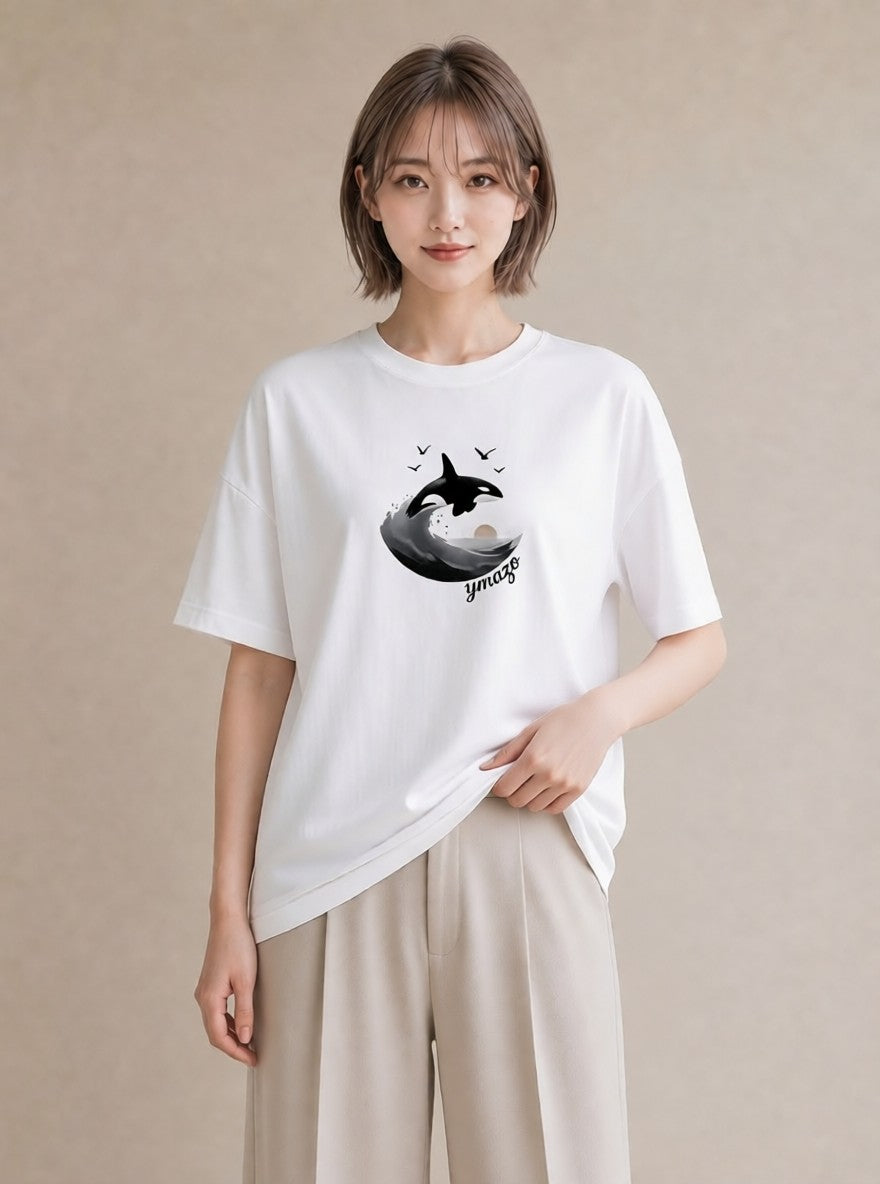 半袖Tシャツ レディース シャチ 海の生き物 海 イラスト 個性的 夏コーデ 通学 白T YMAZO