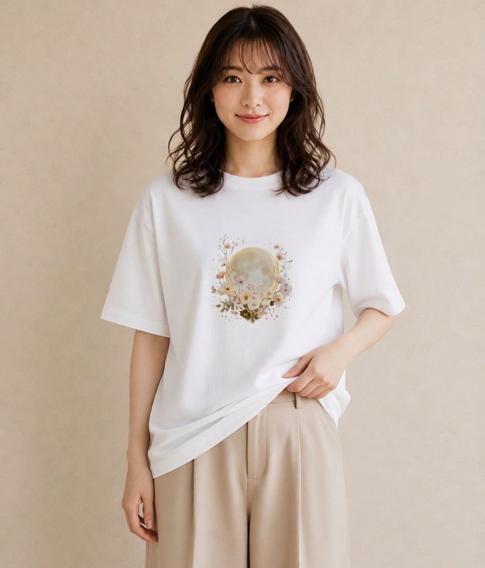 デザインTシャツ レディース 月 星空 宇宙 イラスト 北欧風 社会人 女性 白T YMAZO