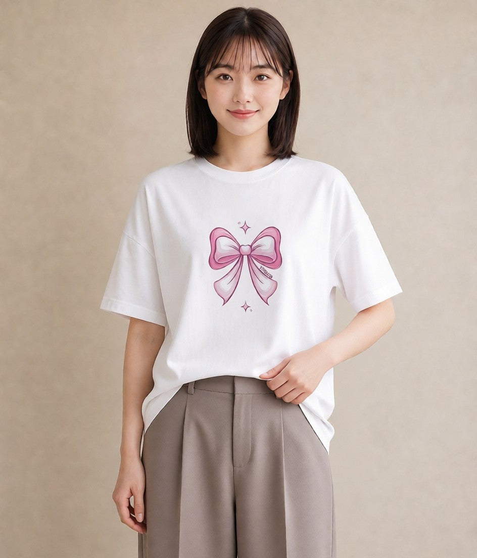 プリントTシャツ レディース リボン 蝶結び ナチュラル アンティーク イラスト ゆるかわ ホワイトデー 春服 白T YMAZO
