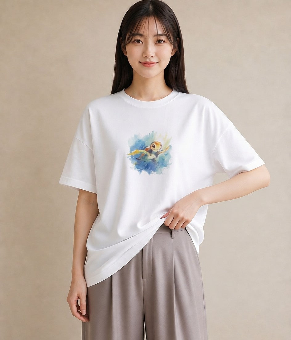 半袖Tシャツ レディース ゼニガメ ペット 動物 イラスト 北欧風 ギフト 母の日 白T YMAZO
