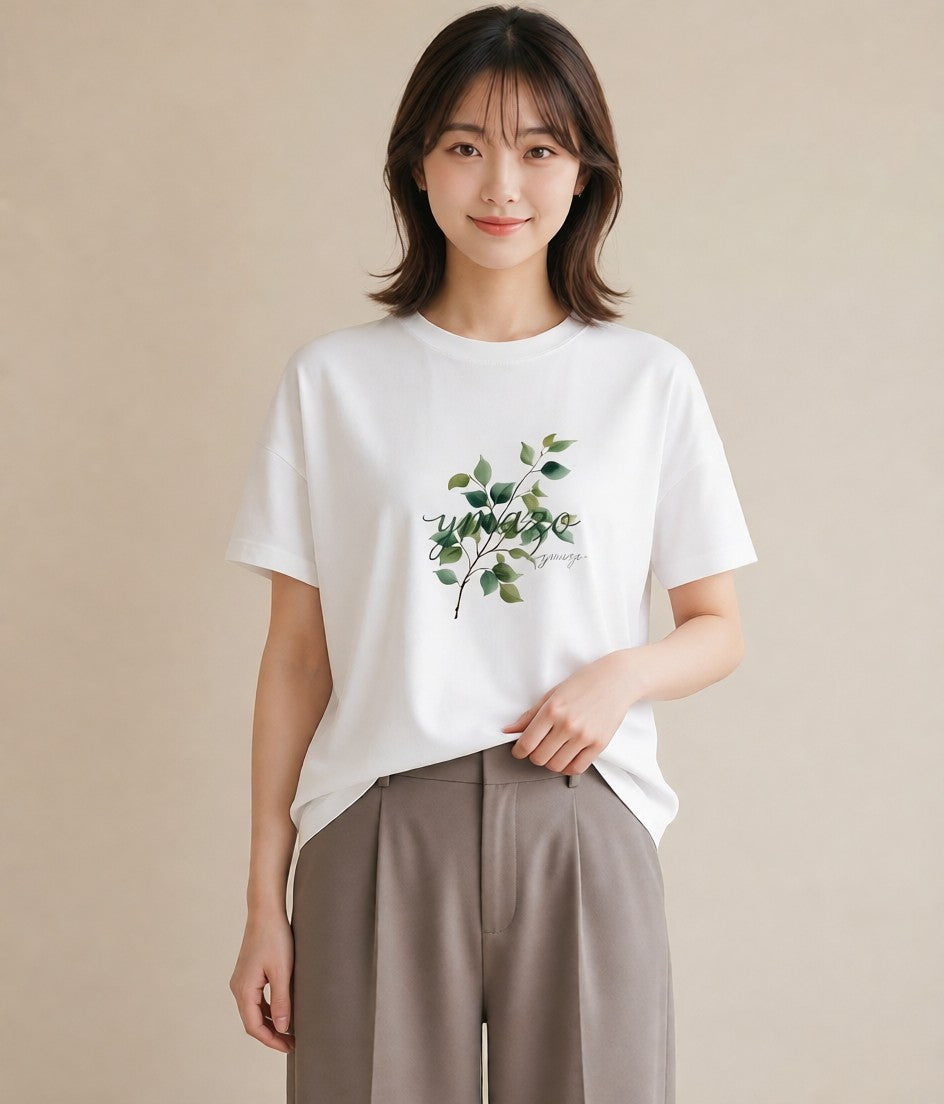 デザインTシャツ レディース ボタニカル 植物 イラスト 抜け感 カジュアルコーデ 買い物 白T YMAZO