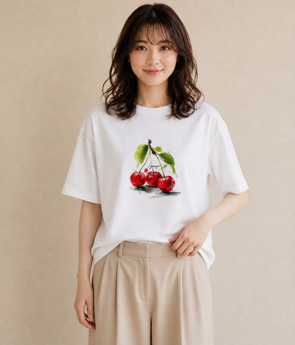 Tシャツ レディース さくらんぼ チェリー 食べ物 フード イラスト 休日コーデ 公園 ママ 白T YMAZO