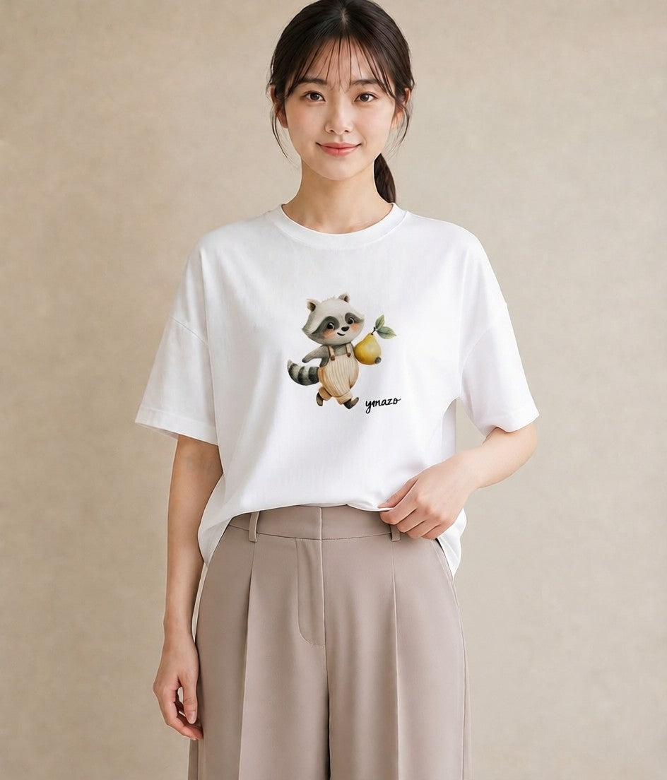 プリントTシャツ レディース たぬき 動物 アニマル イラスト 抜け感 デート 帰省 白T YMAZO