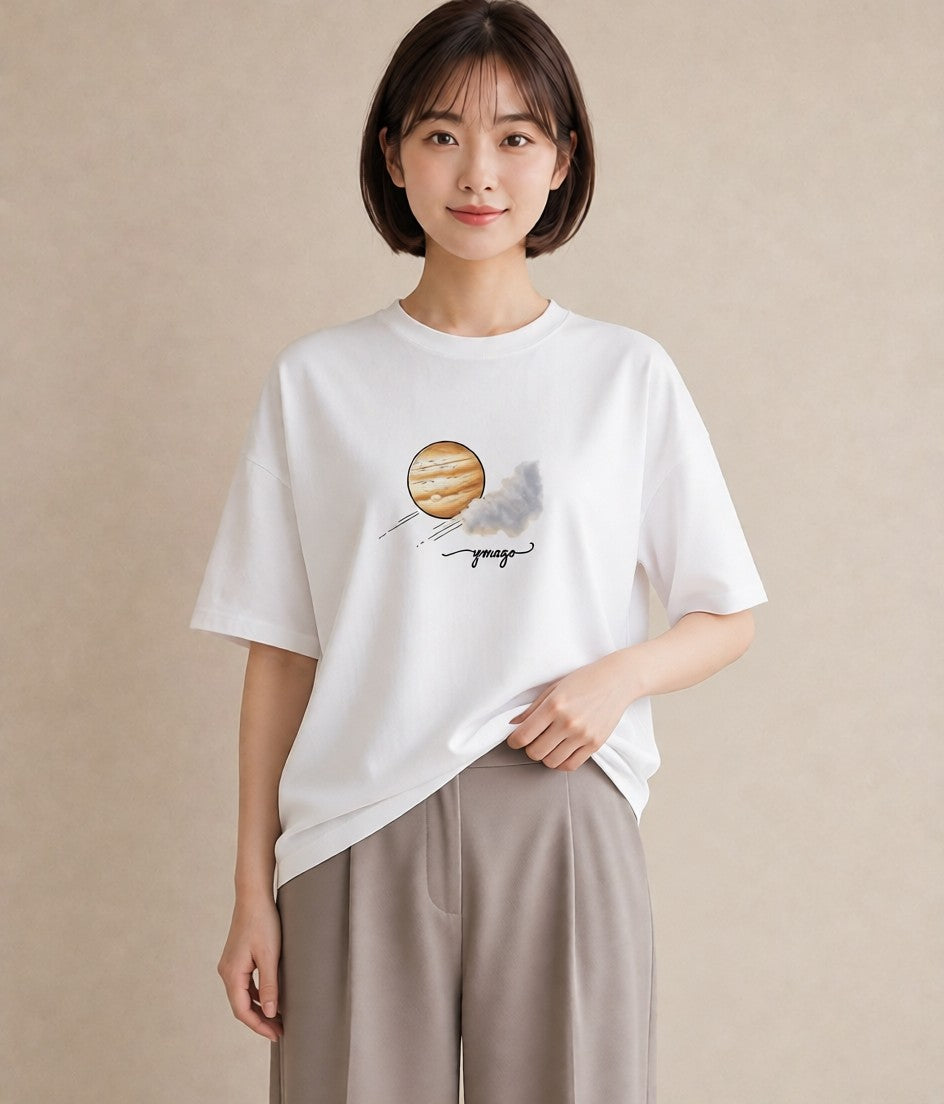 グラフィックTシャツ レディース プラネット 星空 宇宙 イラスト 線画 女性向けギフト 散歩 白T YMAZO