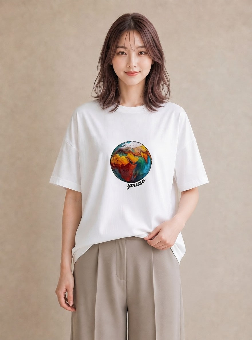 プリントTシャツ レディース 地球 星空 宇宙 イラスト 抜け感 ギフト 母の日 白T YMAZO