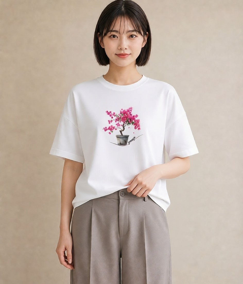 デザインTシャツ レディース 盆栽 植物 ボタニカル イラスト レトロ 普段着 週末コーデ 白T YMAZO