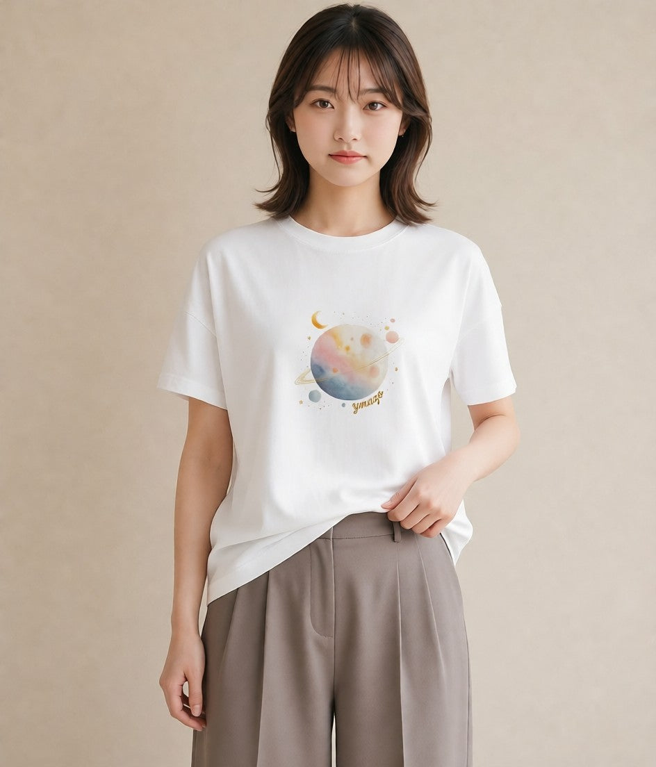 Tシャツ レディース 地球 星空 宇宙 イラスト 買い物 夏コーデ 白T YMAZO