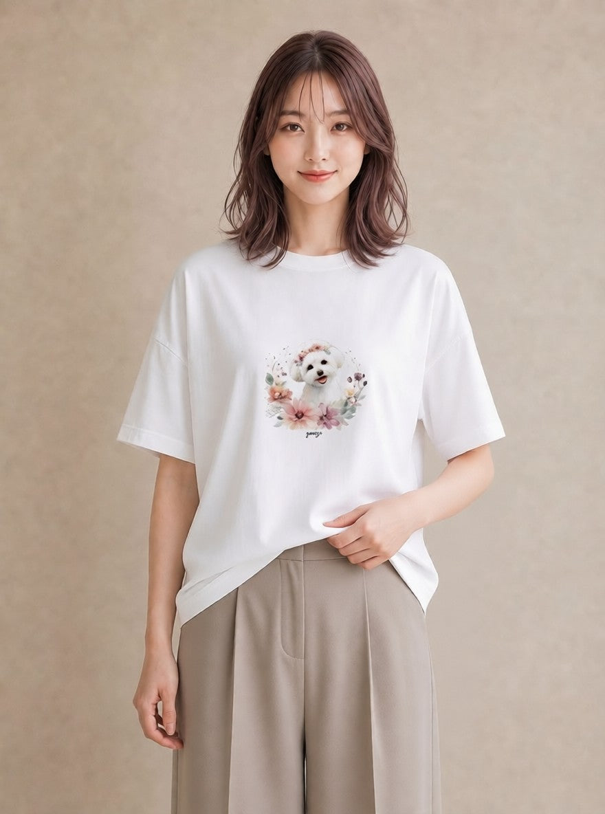 グラフィックTシャツ レディース ビションフリーゼ 犬 いぬ イラスト 水彩風 20代 カジュアルコーデ 白T YMAZO