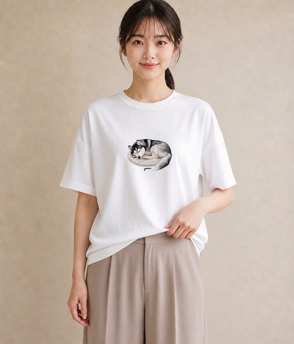 Tシャツ レディース シベリアンハスキー 犬 いぬ イラスト ヴィンテージ風 週末コーデ 敬老の日 白T YMAZO