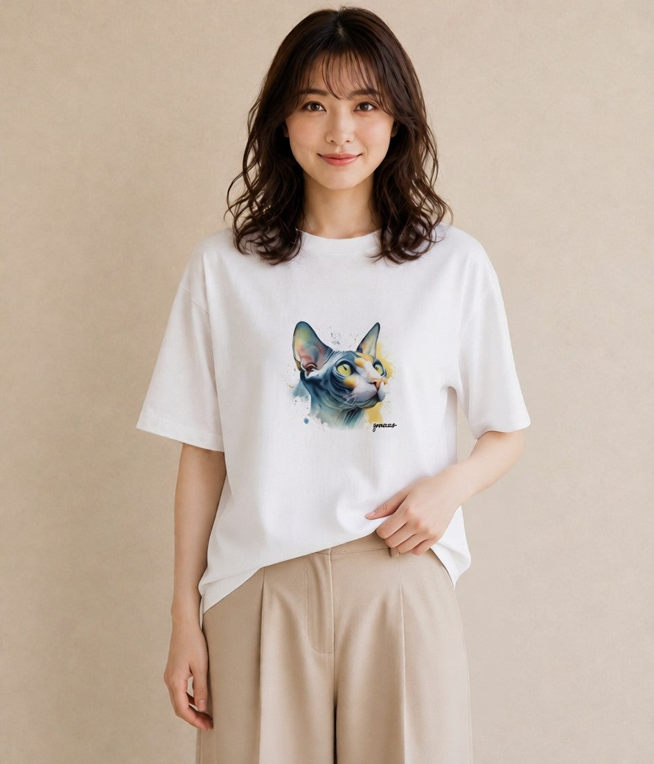 グラフィックTシャツ レディース シャム柄 猫 ねこ イラスト きれいめカジュアル 部屋着 女性向けギフト 白T YMAZO