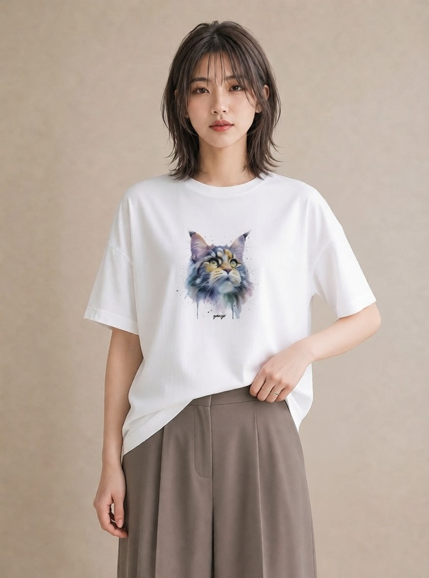 半袖Tシャツ レディース キジトラ 猫 ねこ イラスト 可愛い 通勤 在宅 白T YMAZO