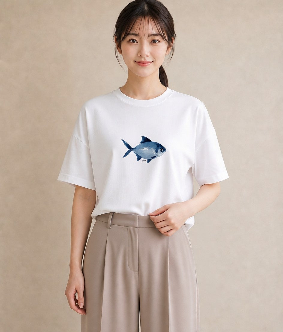 半袖Tシャツ レディース メダカ ペット 動物 イラスト 韓国風 ミセス 春コーデ 白T YMAZO