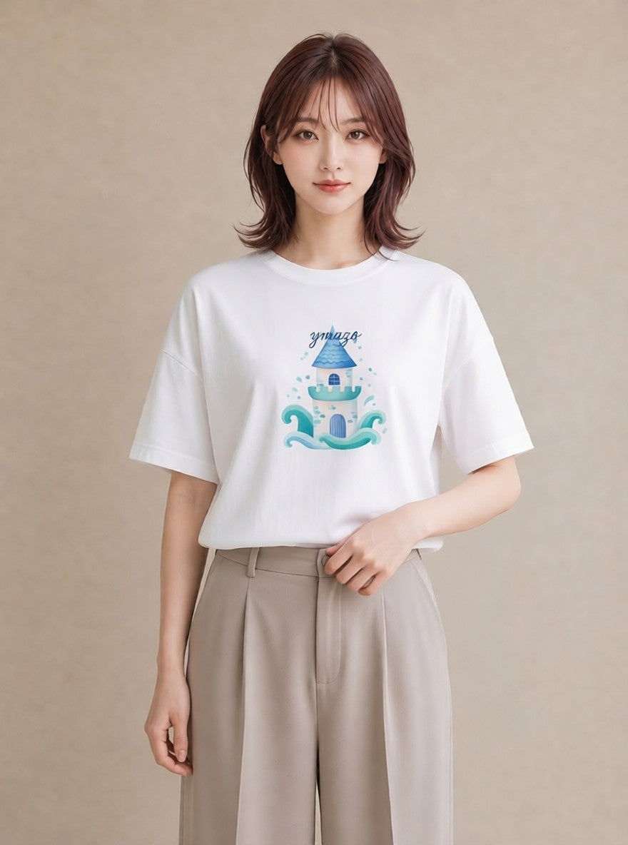 半袖Tシャツ レディース 海 星空 宇宙 イラスト 線画 通勤 在宅 白T YMAZO