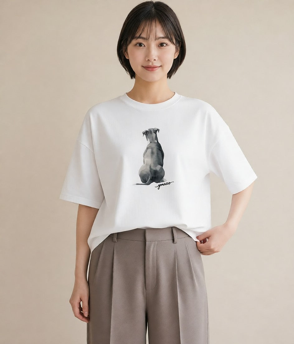 デザインTシャツ レディース 犬 いぬ イラスト 線画 帰省 ラフ 白T YMAZO