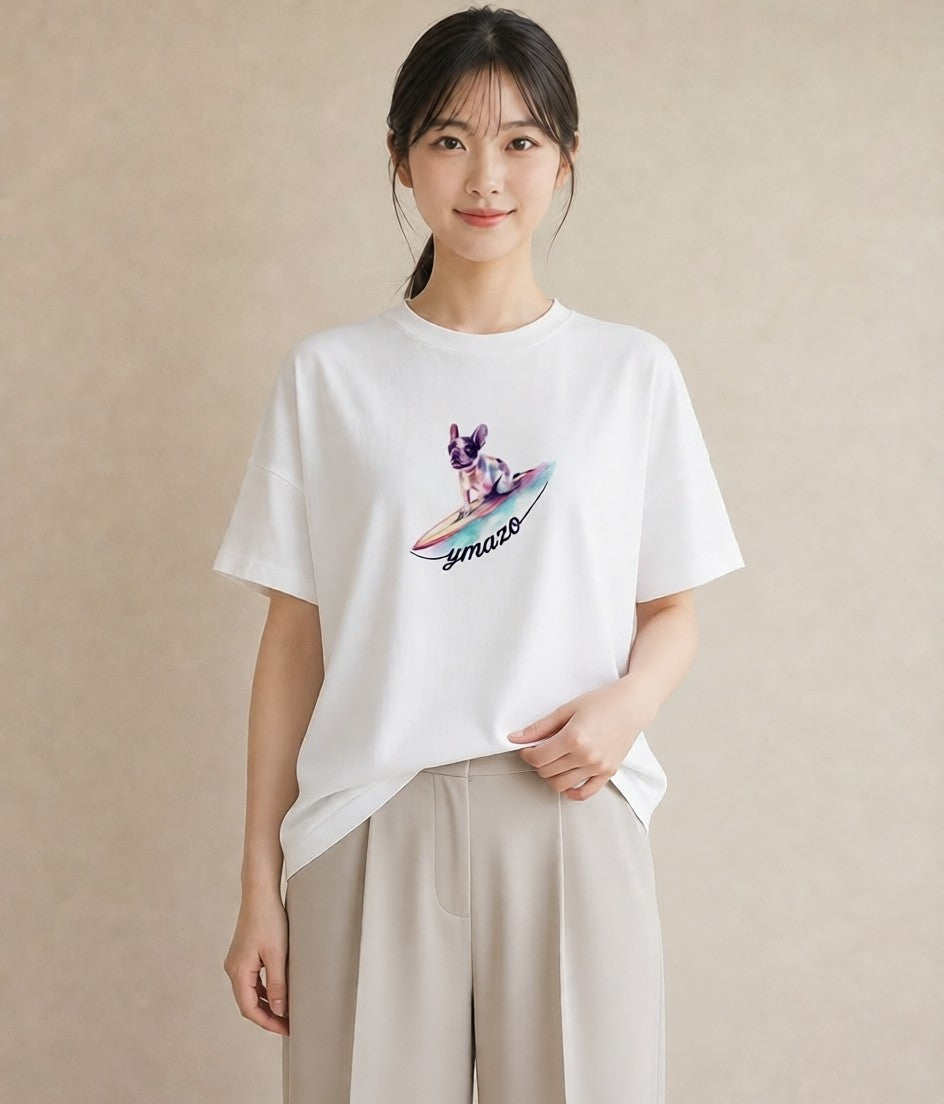プリントTシャツ レディース フレンチブルドッグ フレブル 犬 いぬ イラスト ヴィンテージ風 社会人 女性 白T YMAZO