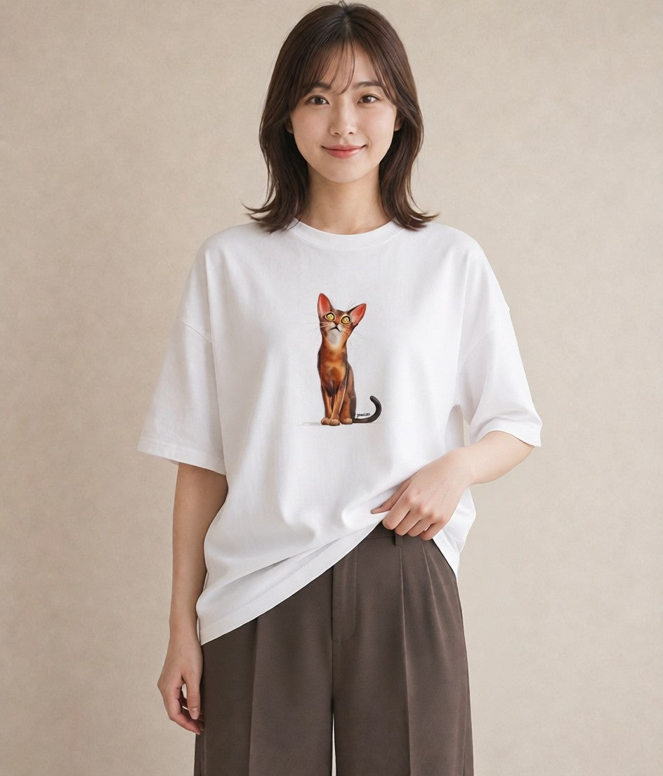 デザインTシャツ レディース 茶トラ 茶猫 猫 ねこ イラスト ラフ 通学 誕生日プレゼント 白T YMAZO