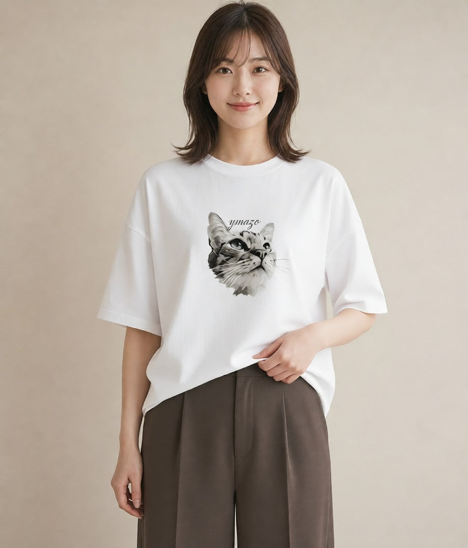 Tシャツ レディース 白猫 猫 ねこ イラスト 手描き風 デート 帰省 白T YMAZO