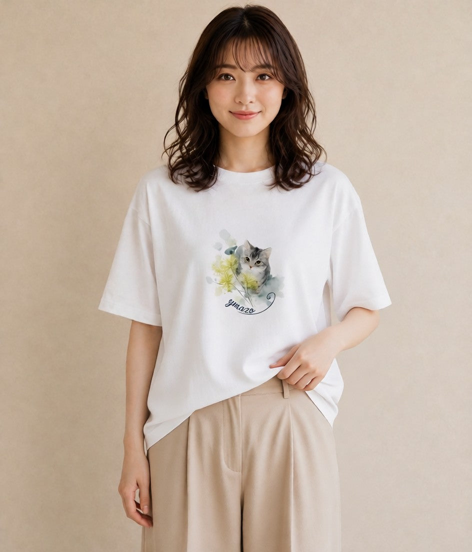 プリントTシャツ レディース ロシアンブルー 猫 ねこ イラスト 線画 デイリーウェア 休日 白T YMAZO