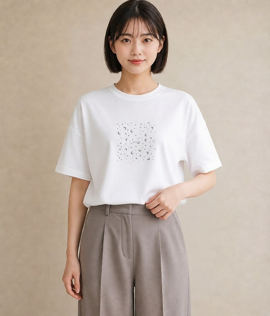 グラフィックTシャツ レディース 月と星 星空 ムーン イラスト カジュアル 旅行用 海 白T YMAZO