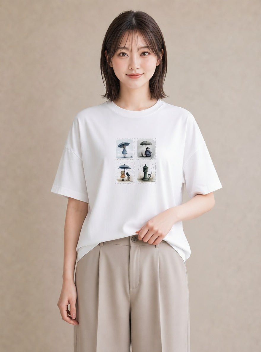半袖Tシャツ レディース 傘 水たまり 雨 ナチュラル アンティーク イラスト ヴィンテージ風 デイリーウェア 休日 白T YMAZO