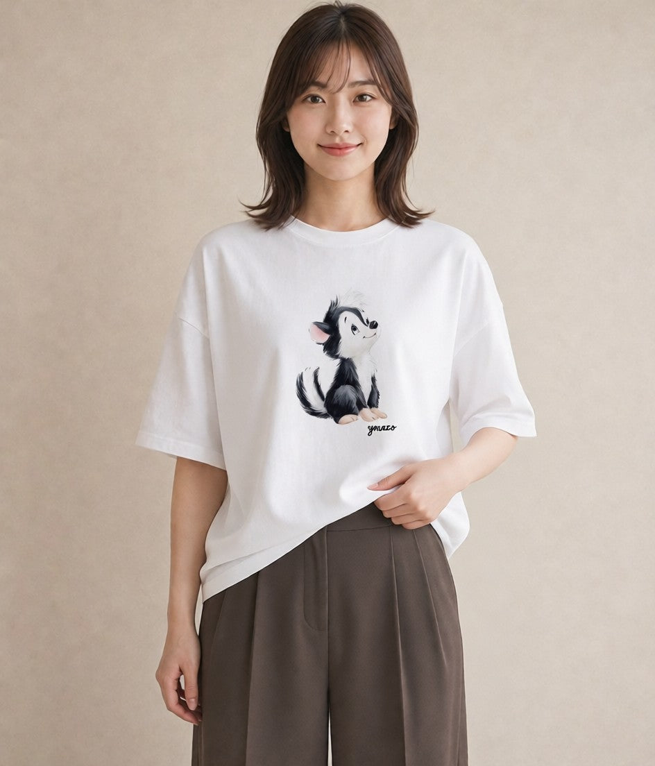 プリントTシャツ レディース 子犬 犬 いぬ イラスト きれいめ 在宅 公園 白T YMAZO