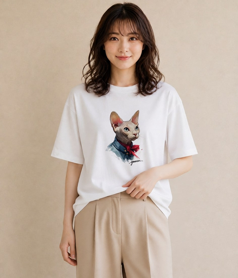 デザインTシャツ レディース スフィンクス 猫 ねこ イラスト 淡色 カフェ服 クリスマス 白T YMAZO