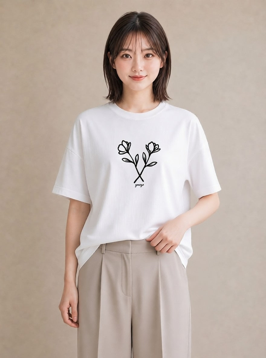 デザインTシャツ レディース 小花 花 フラワー イラスト 綿100 デート 白T YMAZO