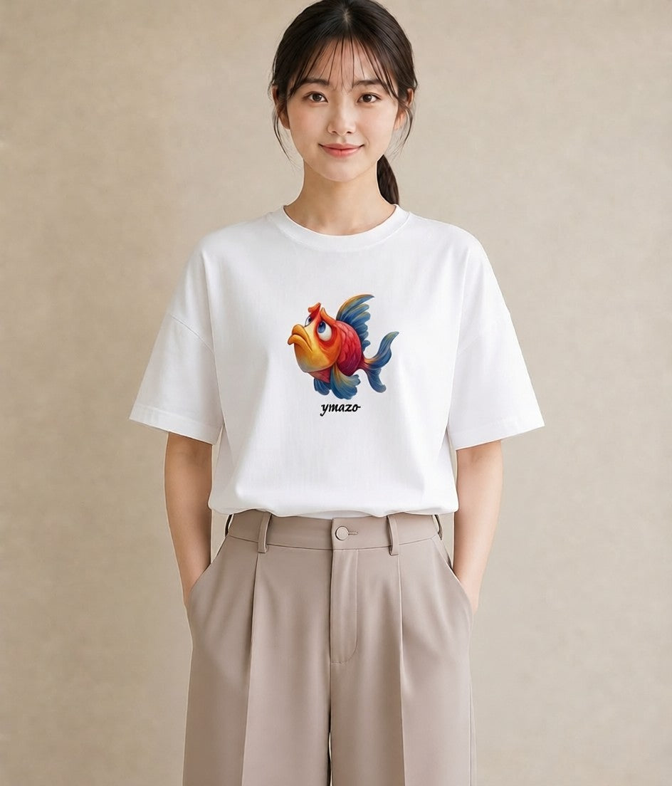 半袖Tシャツ レディース らんちゅう ペット 動物 イラスト お洒落 ペアコーデ 秋コーデ 白T YMAZO