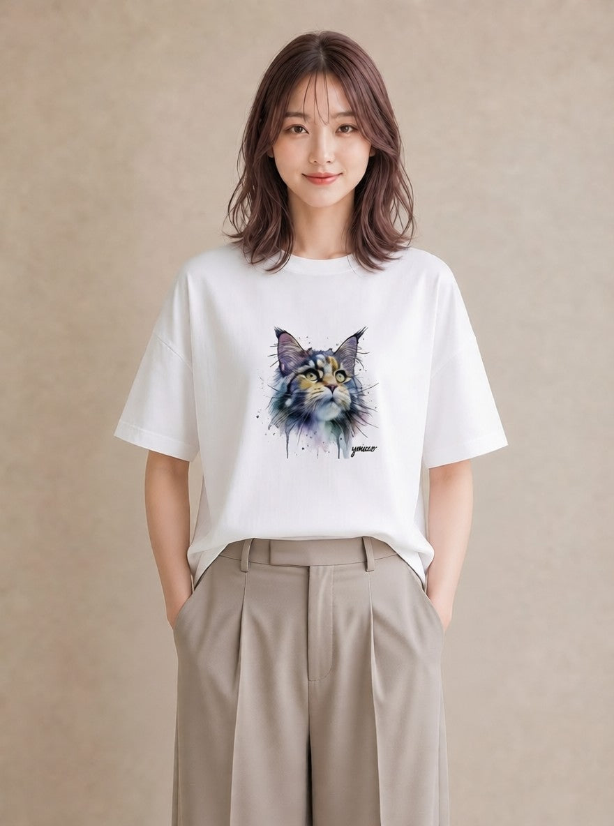 Tシャツ レディース ぶち猫 猫 ねこ イラスト シンプル ビーチ デイリーウェア 白T YMAZO