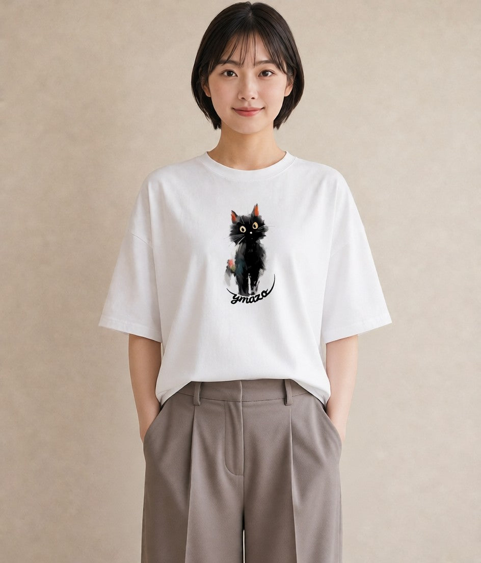 グラフィックTシャツ レディース おすわり猫 猫 ねこ イラスト 線画 ペアコーデ 秋コーデ 白T YMAZO