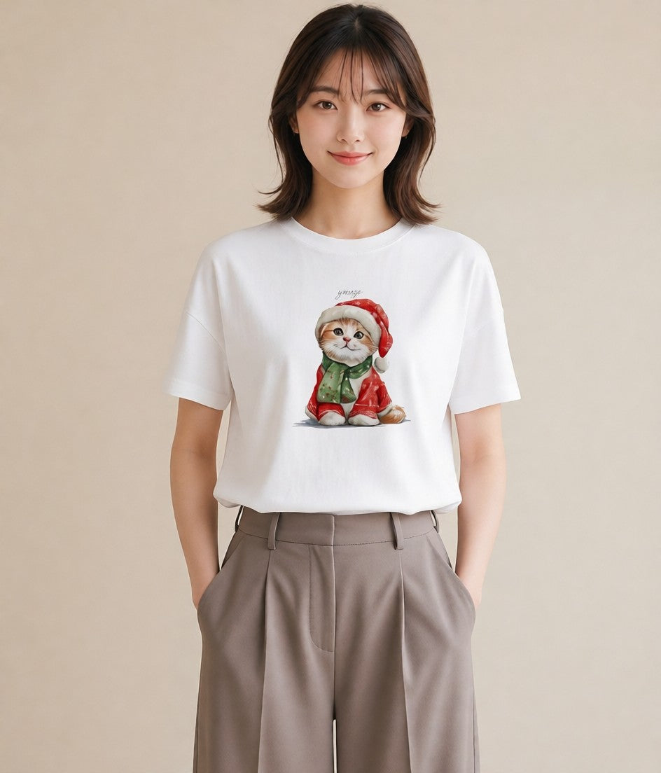 半袖Tシャツ レディース スコティッシュフォールド 猫 ねこ イラスト 線画 親子 20代 白T YMAZO