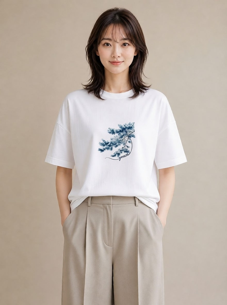 デザインTシャツ レディース 松ぼっくり 植物 ボタニカル イラスト フェミニン 部屋着 女性向けギフト 白T YMAZO