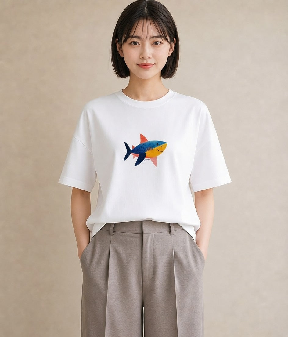 グラフィックTシャツ レディース サメ 海の生き物 海 イラスト カジュアル 旅行 母娘コーデ 白T YMAZO