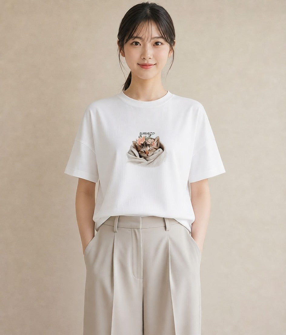 Tシャツ レディース 猫好き 猫 ねこ イラスト ナチュラル 女性 旅行用 白T YMAZO