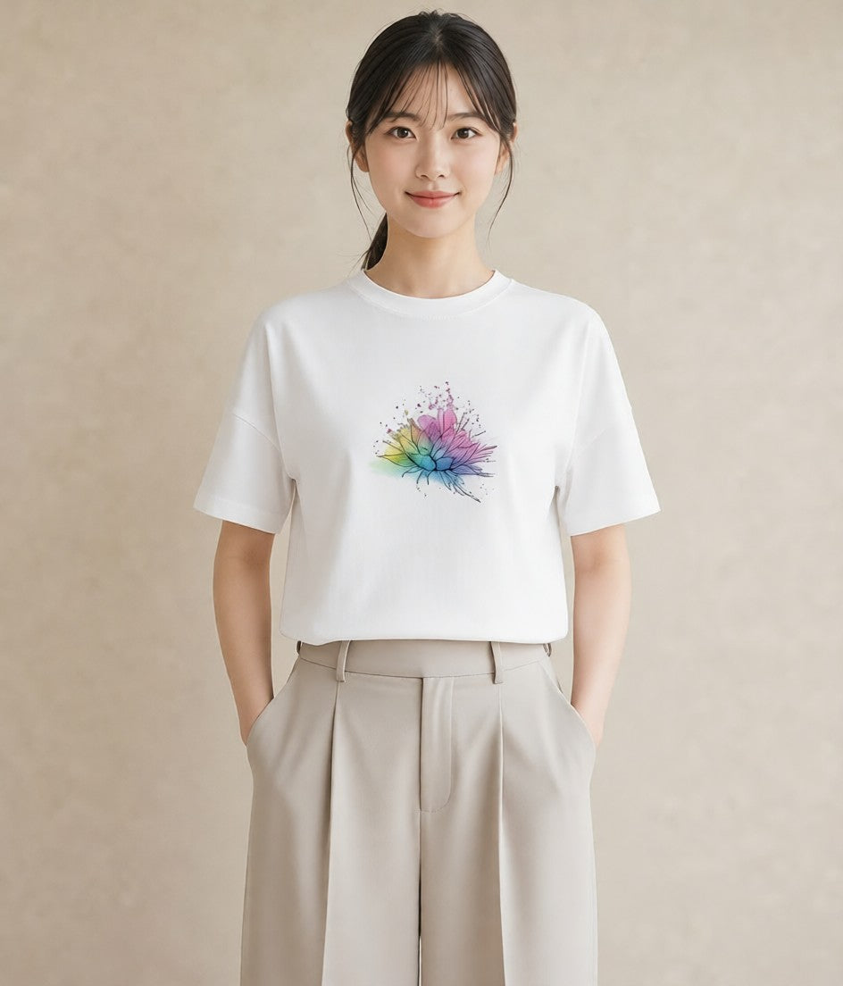 プリントTシャツ レディース 虹 星空 宇宙 イラスト 線画 散歩 お出かけ 白T YMAZO