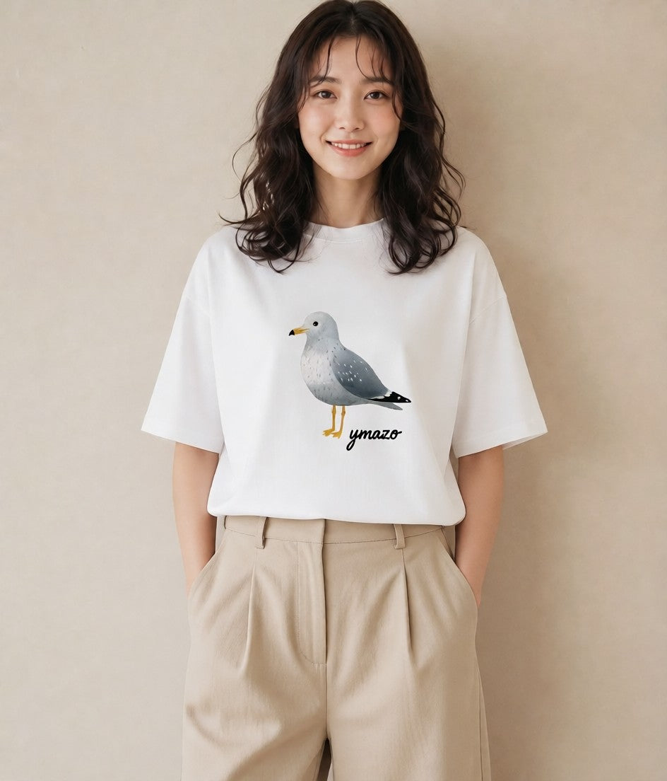 プリントTシャツ レディース 遠い家と鳥 風景 鳥 ナチュラル アンティーク イラスト ゆるコーデ 在宅 公園 白T YMAZO